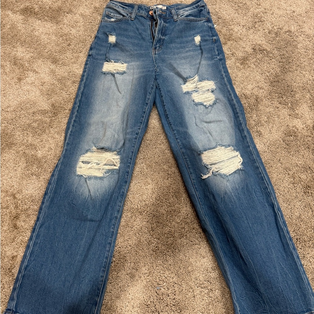SO Women's Distressed Straight Leg Jeans - Blue